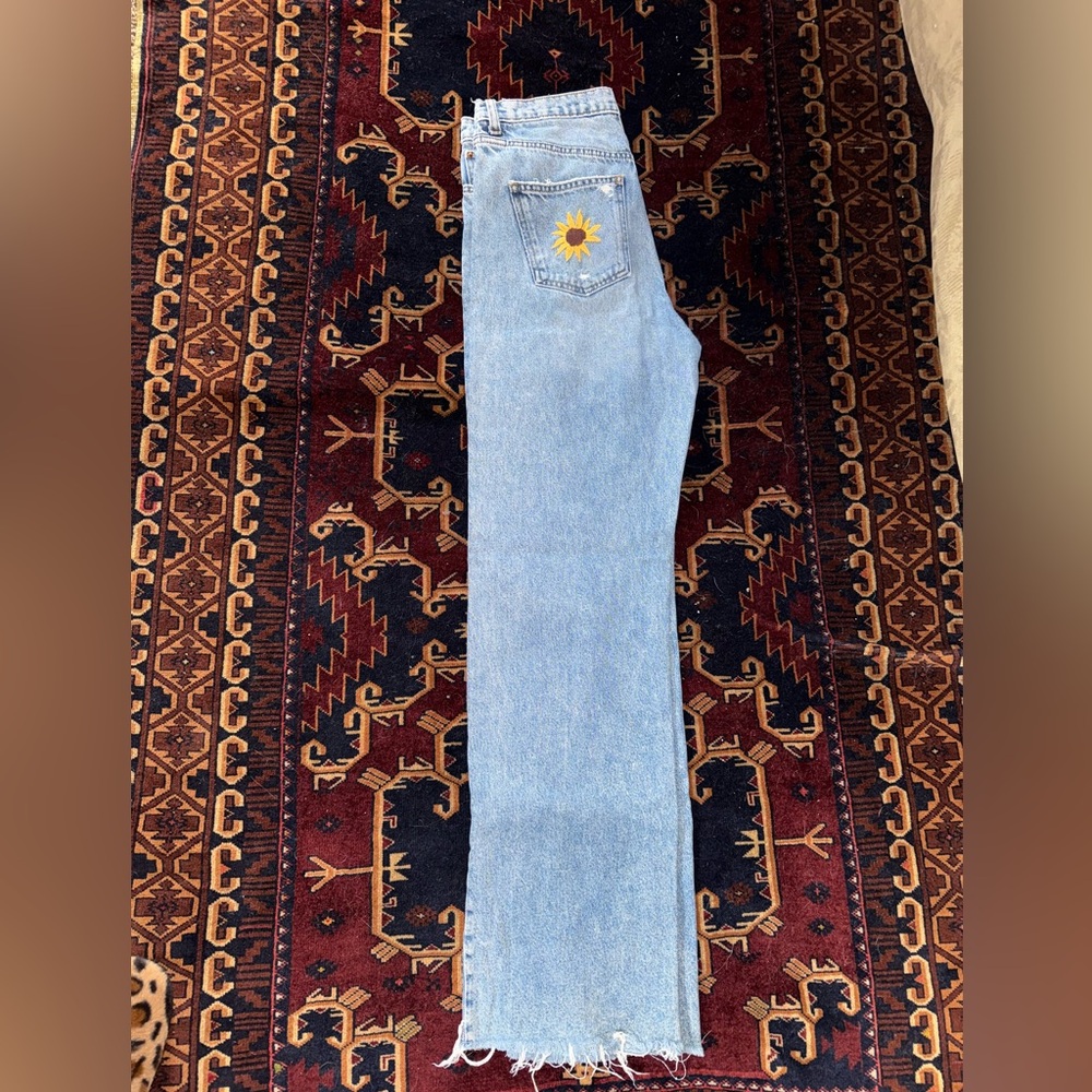 Zara Light Blue Straight Leg Jeans with Sunflower Patch
